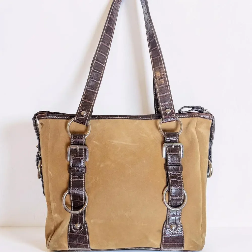 Y2K Franco Sarto Faux Suede Gator Embossed Shoulder Bag Brown Tote